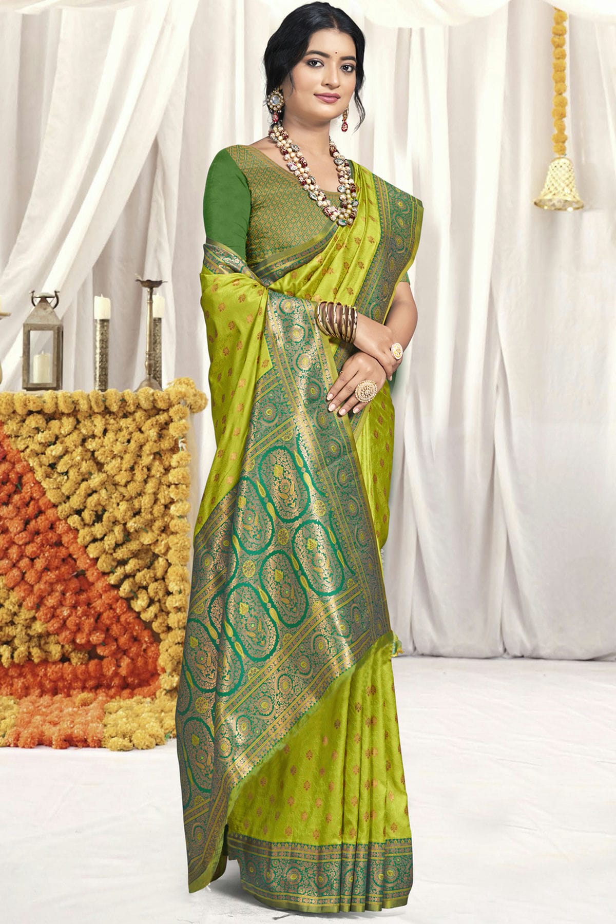 Lime Green Colour Silk Traditional Saree