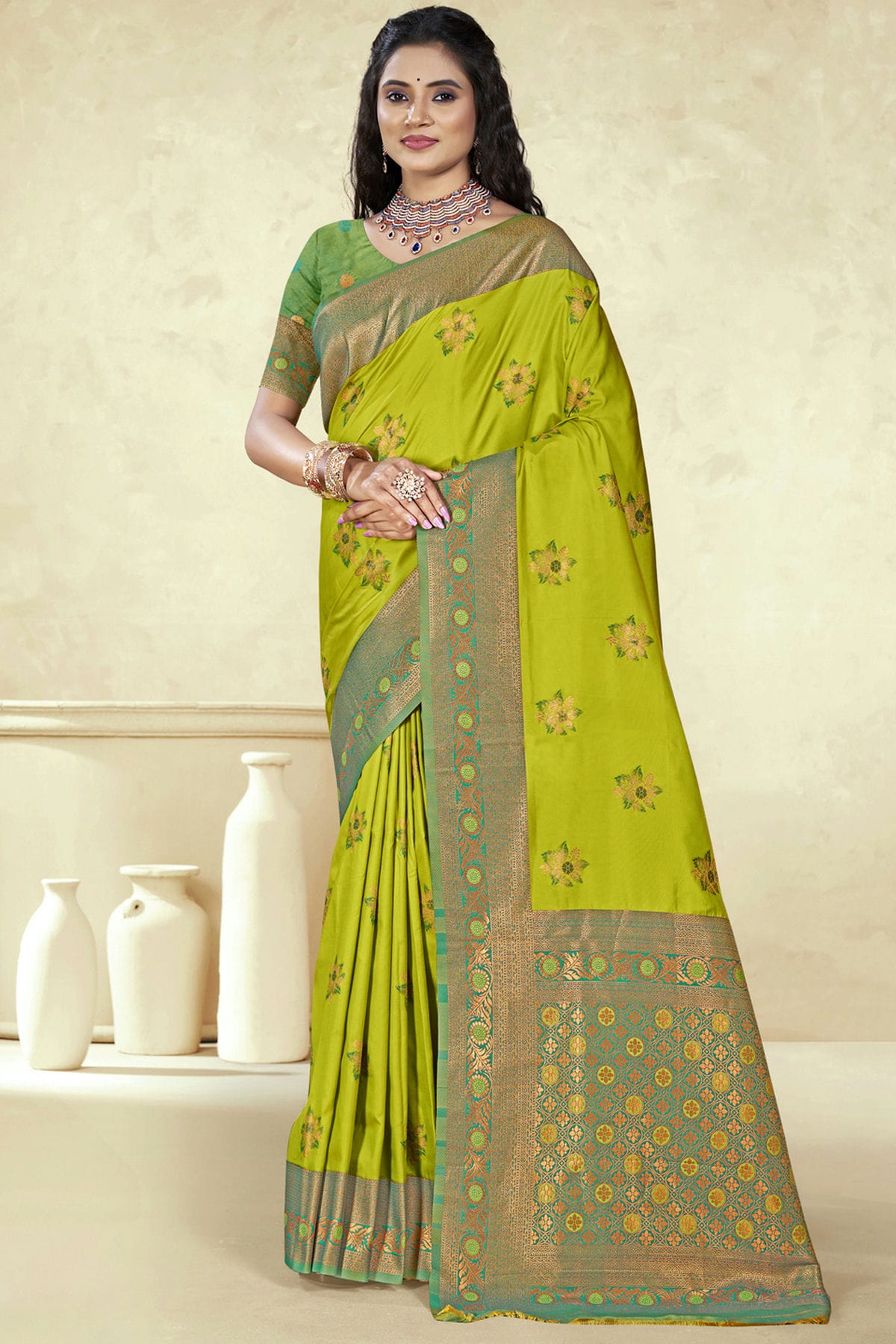 Lime Green Colour Silk Woven Work Traditional Saree