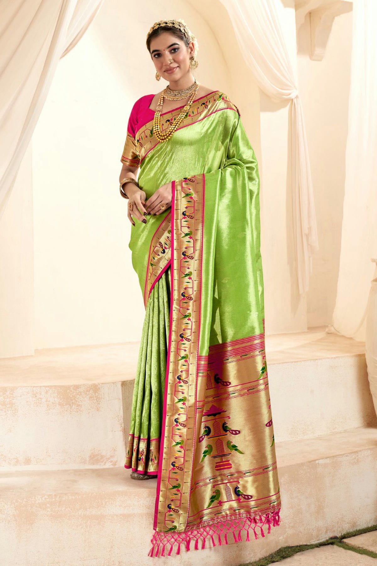 Lime Green Colour Soft Tissue Silk Saree