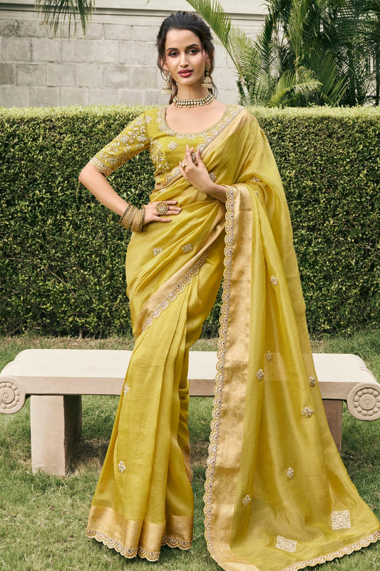 Lime Green Colour Tissue Silk Designer Saree