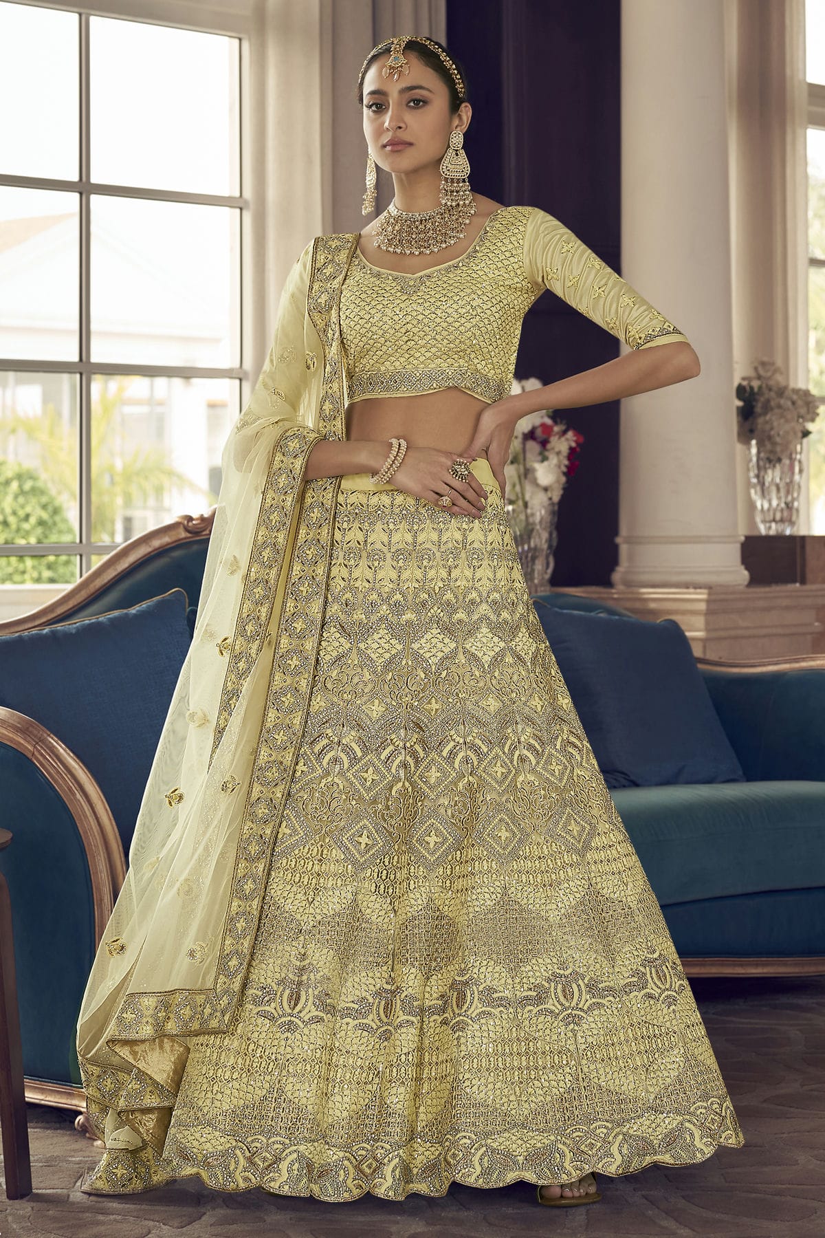 Lime Yellow Colour Embroidery Crepe Lehenga Choli