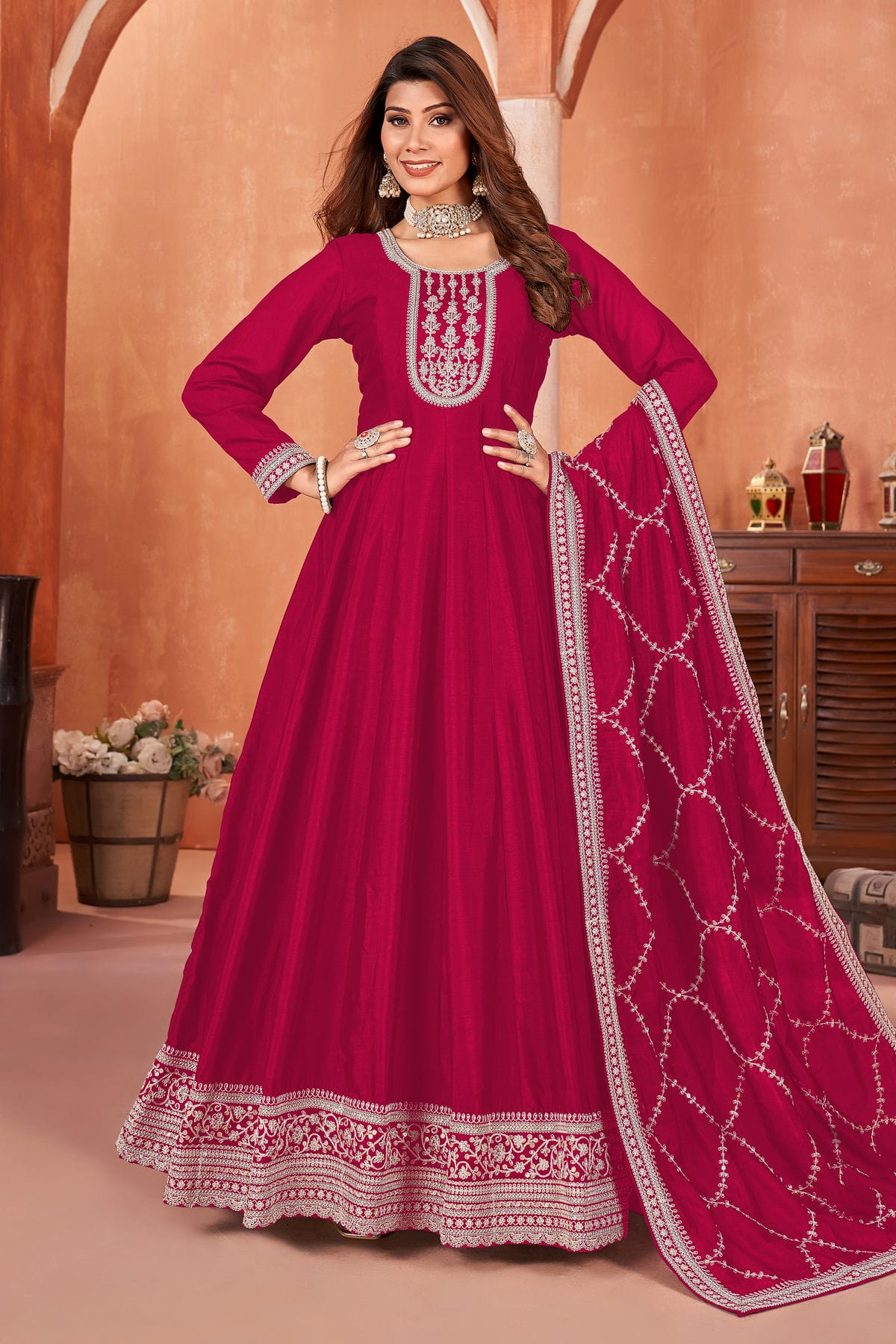 Magenta Colour Anarkali Suit Art Silk Semi Stitched