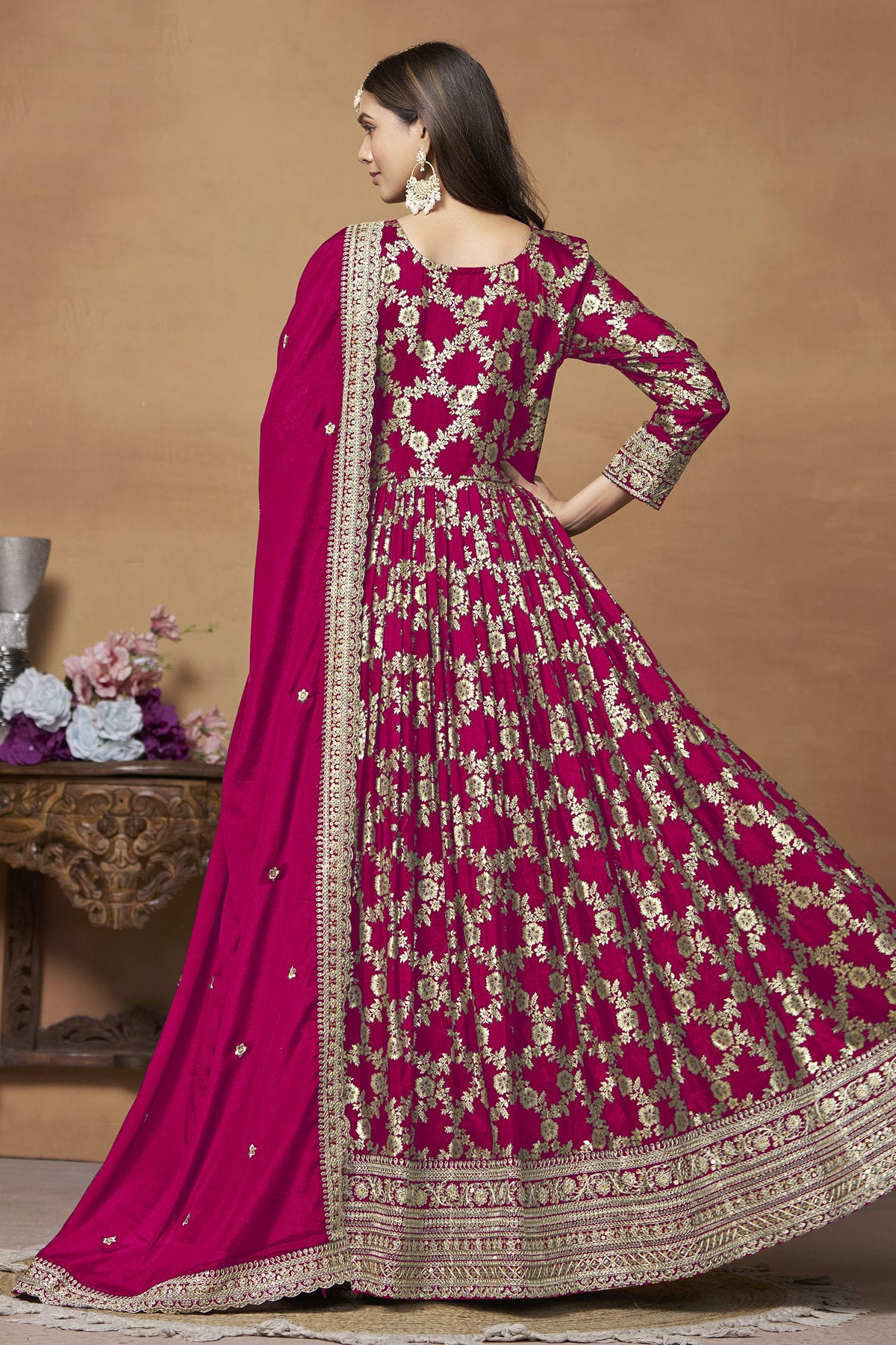 Magenta Colour Anarkali Suit Dola Jacquard Semi Stitched