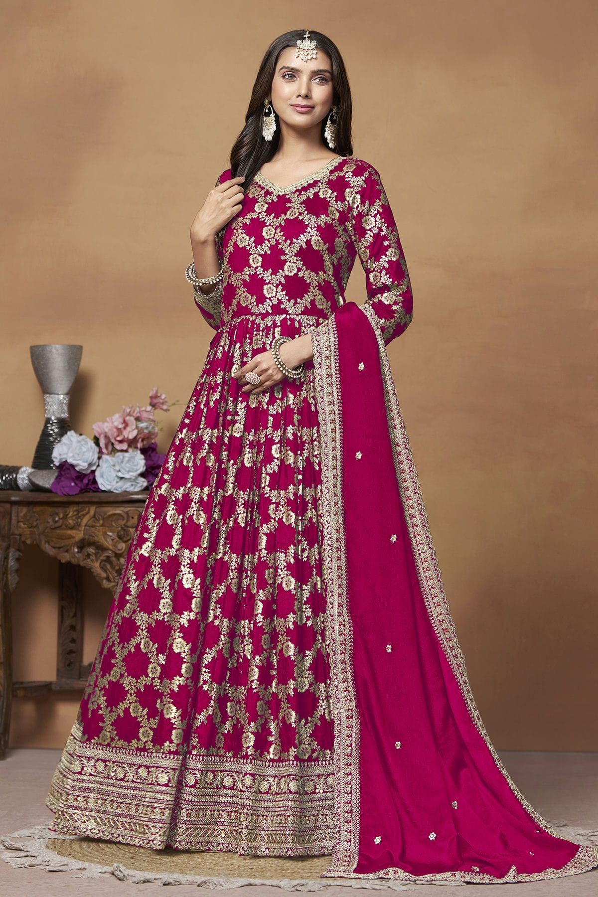 Magenta Colour Anarkali Suit Dola Jacquard Semi Stitched