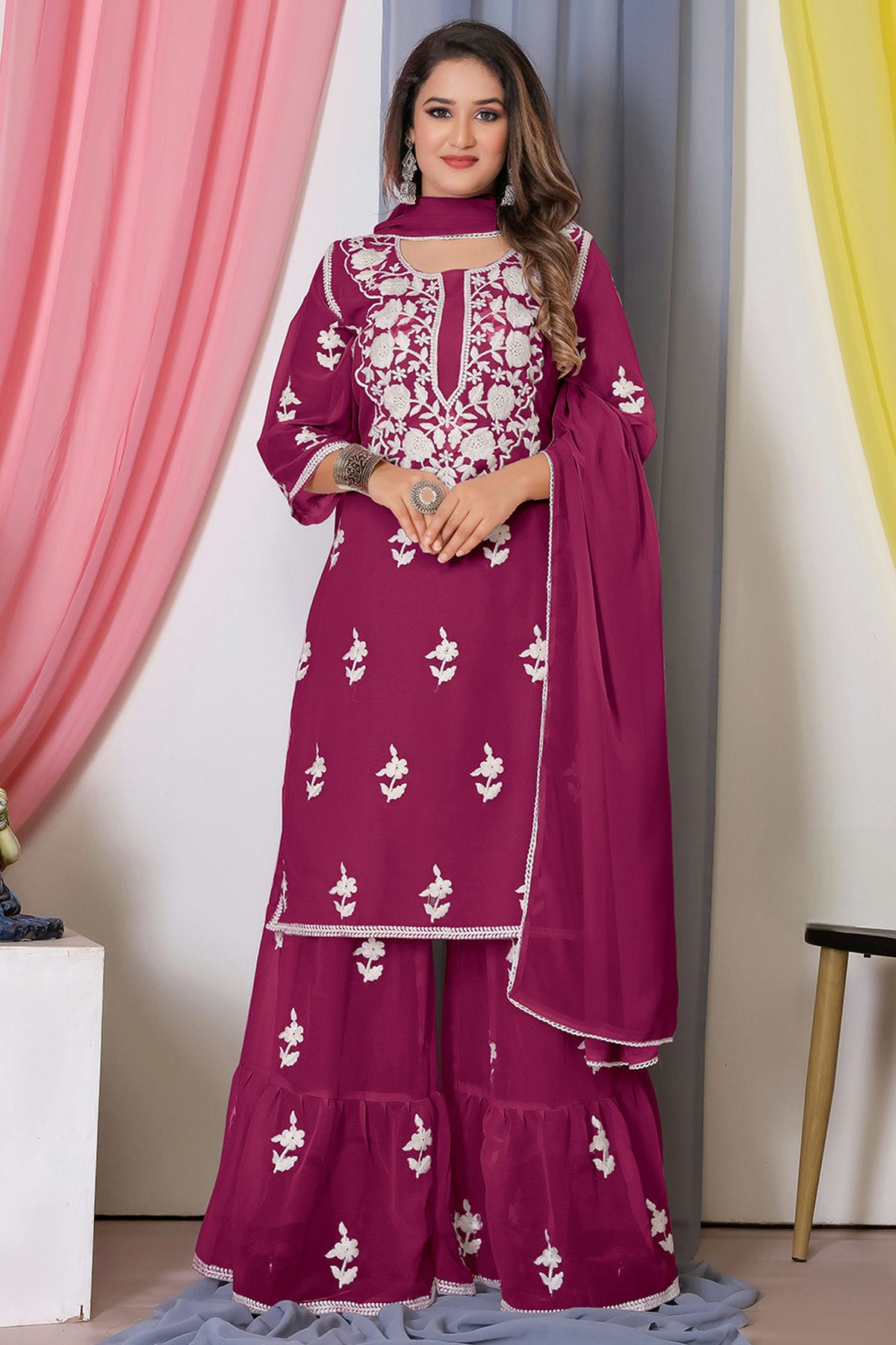 Magenta Colour Bamber Georgette Sharara Suit