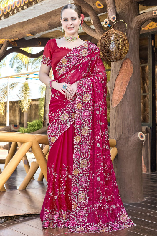 Magenta Colour Burberry Silk Designer Saree