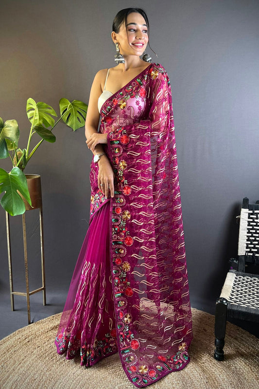 Magenta Colour Butterfly Net Designer Saree