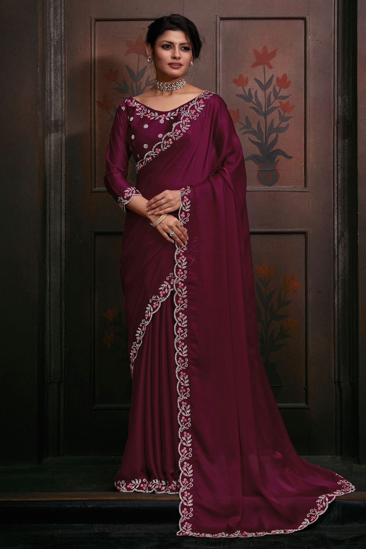 Magenta Colour Chiffon Designer Saree