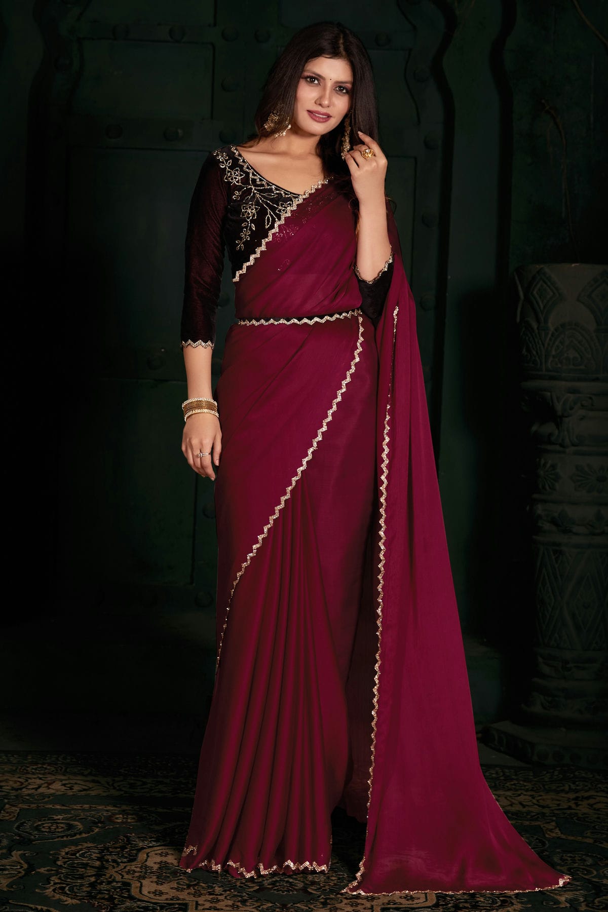 Magenta Colour Chiffon Silk Designer Saree