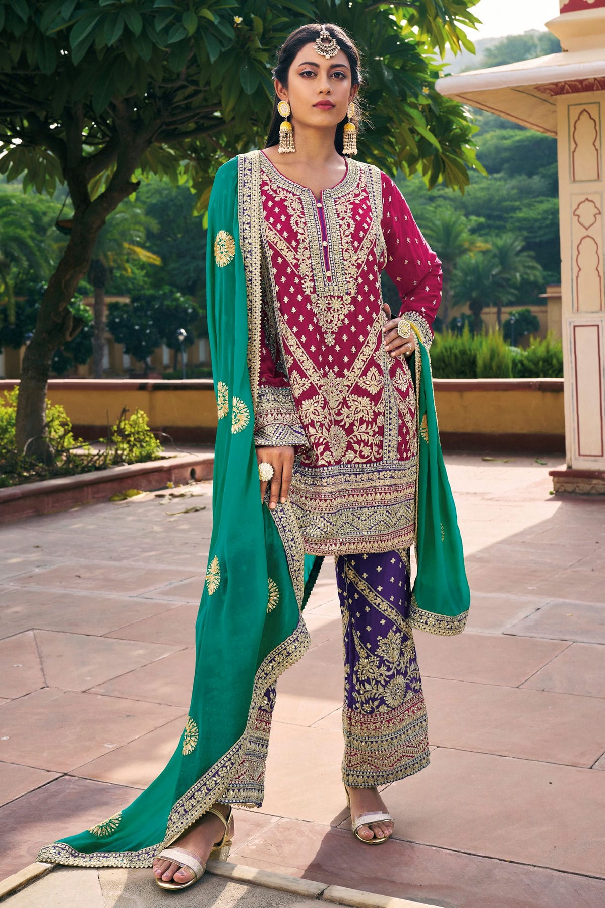 Magenta Colour Chinon Pakistani Suit