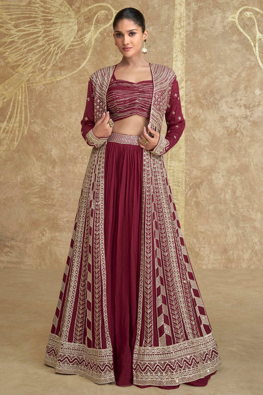 Magenta Colour Chinon Silk Semi Stitched Lehenga Suit