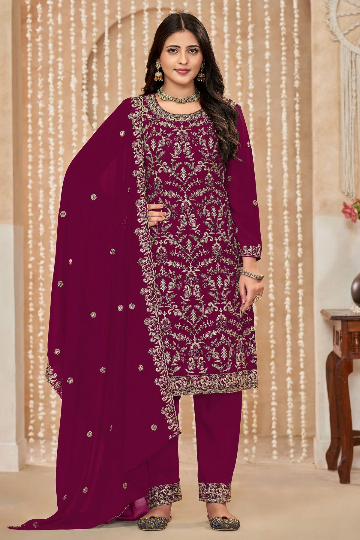 Magenta Colour Faux Georgette Pant Style Suit