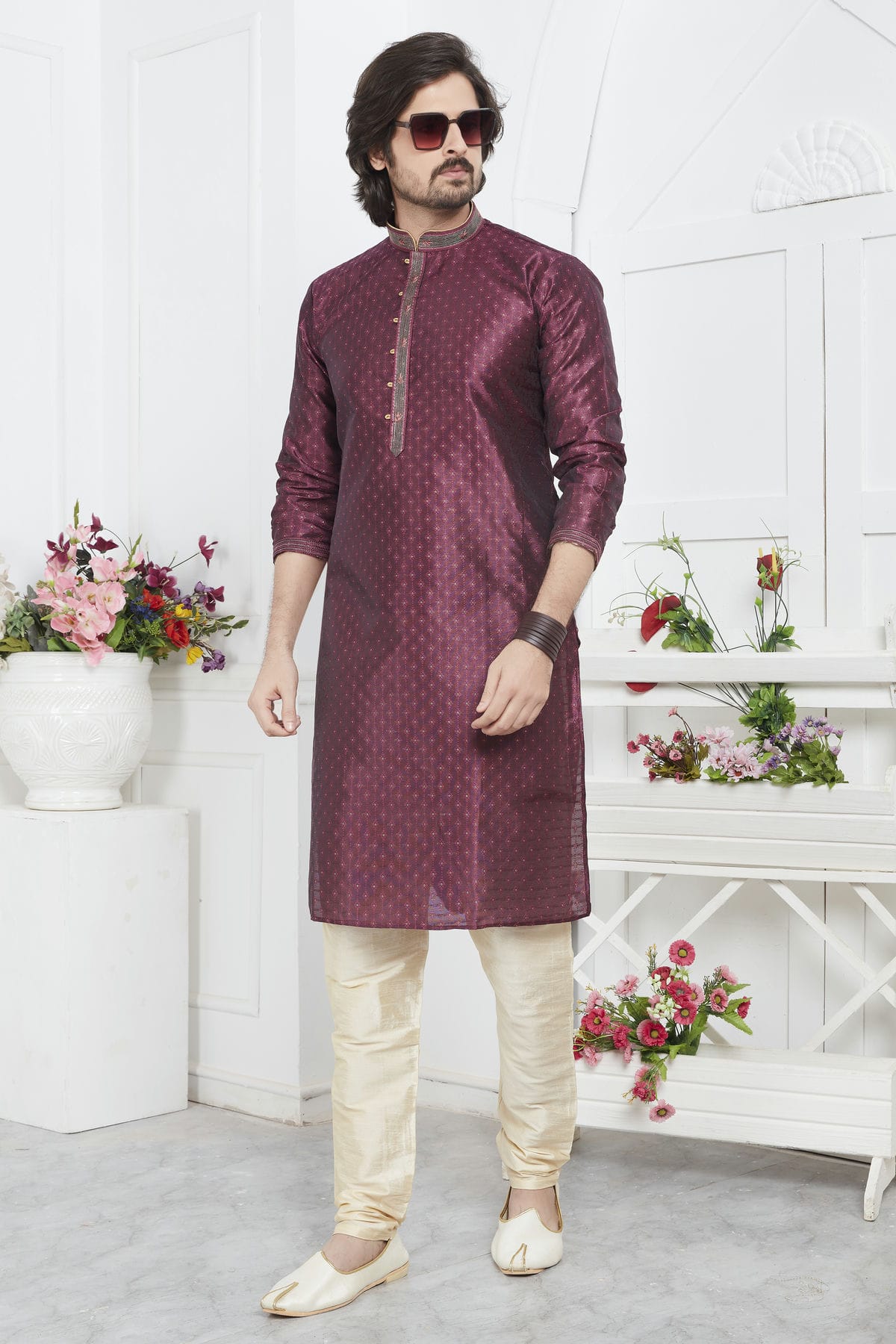 Magenta Colour Jacquard Silk Brocade Kurta Pajama VSKP1230217