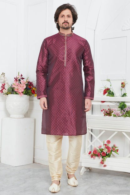 Magenta Colour Jacquard Silk Brocade Kurta Pajama