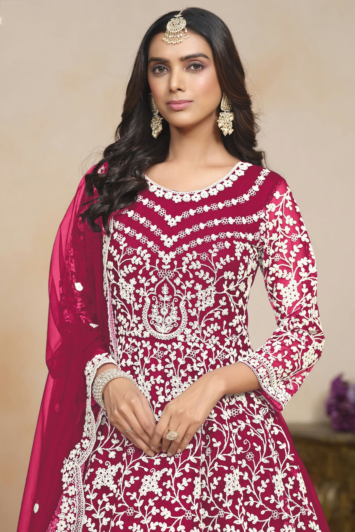 Magenta Colour Net Semi Stitched Anarkali Suit VSSM1050608