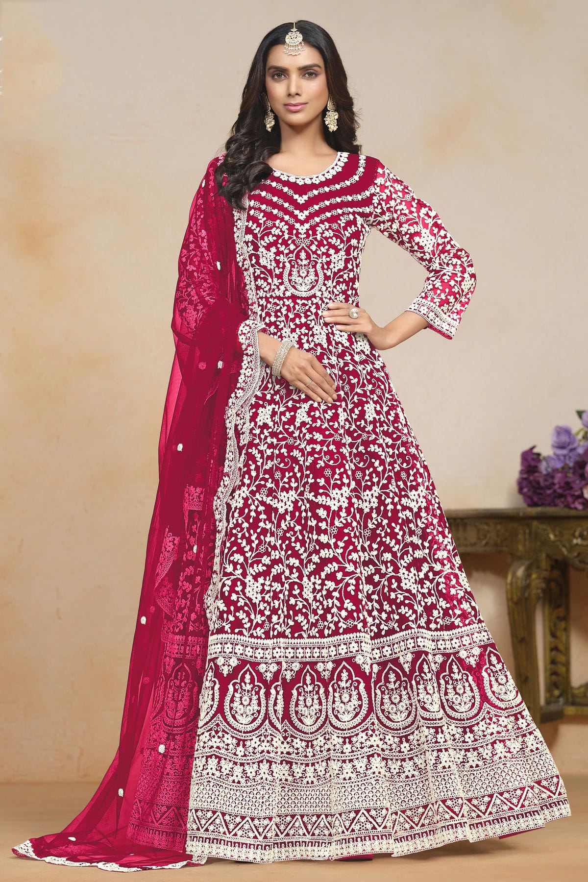 Magenta Colour Net Semi Stitched Anarkali Suit