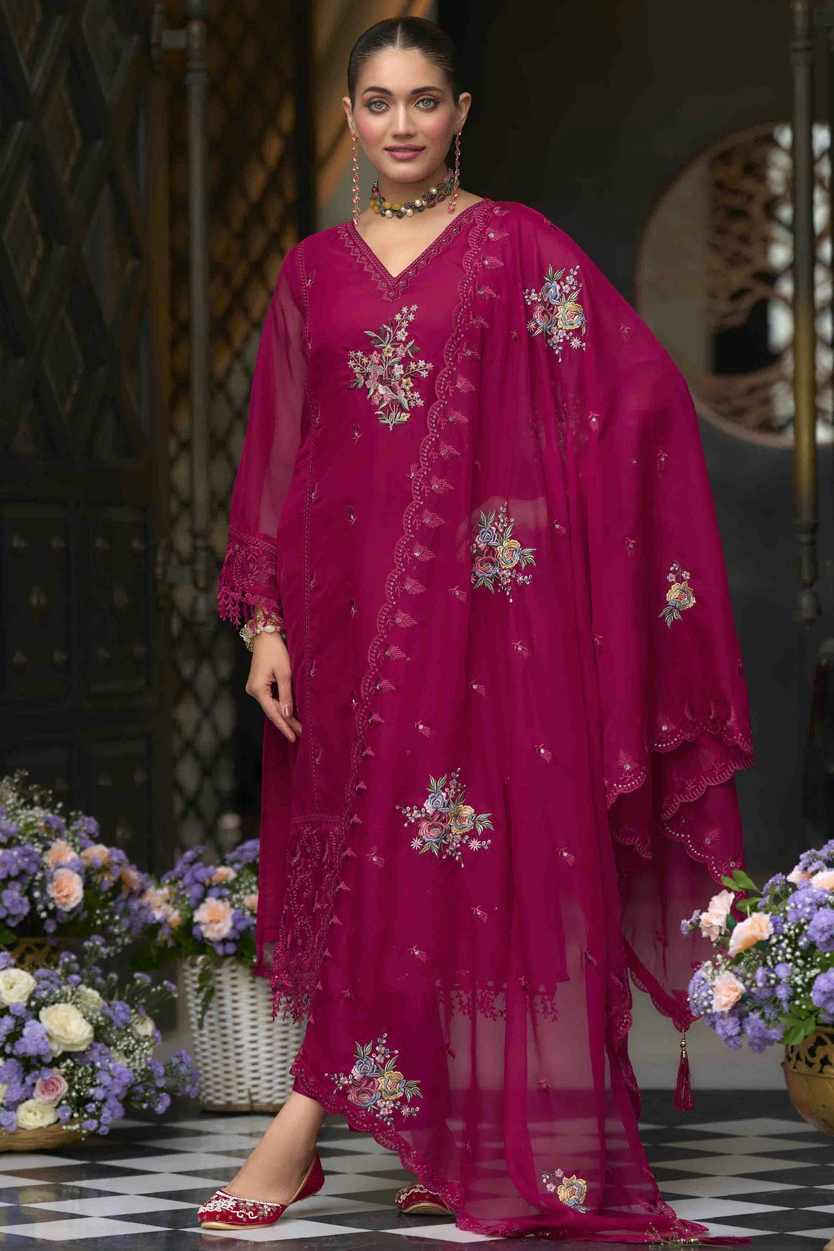 Magenta Colour Organza Stitched Pakistani Suit VSSS1140750