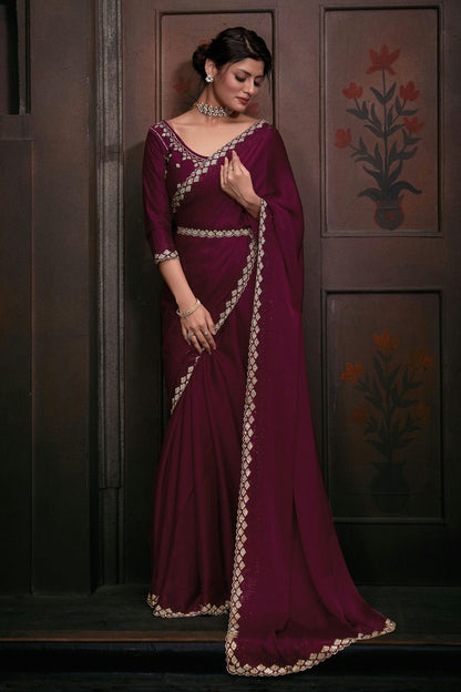 Magenta Colour Pure Satin Designer Saree