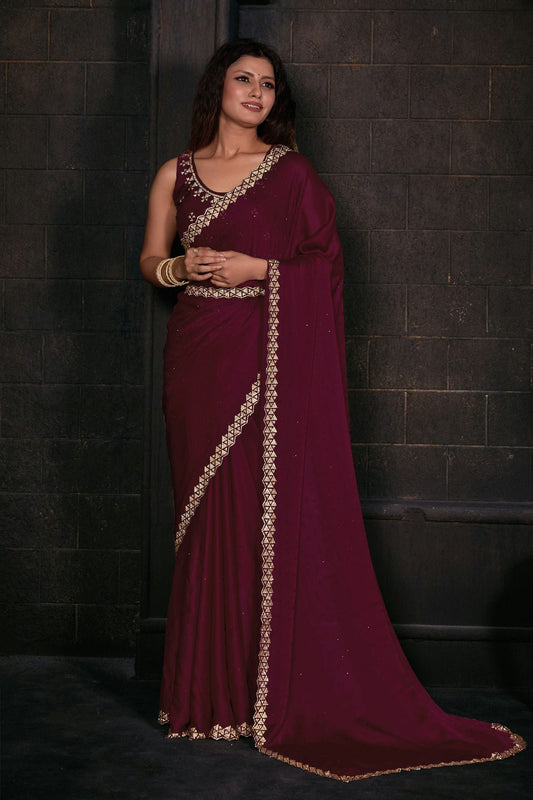 Magenta Colour Pure Satin Designer Saree