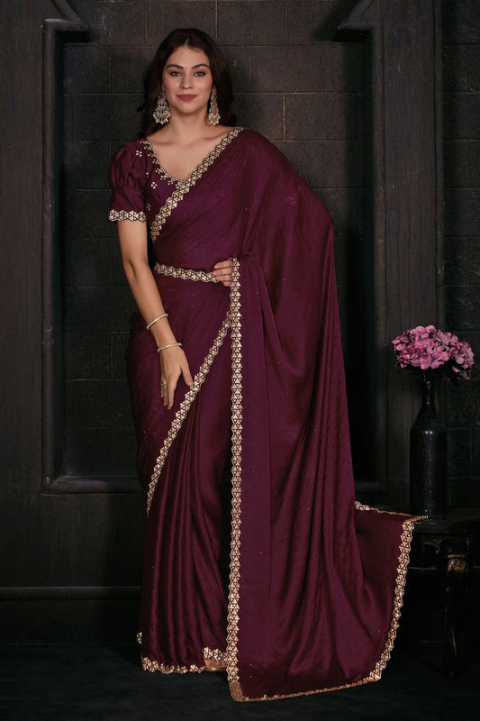 Magenta Colour Pure Satin Designer Saree