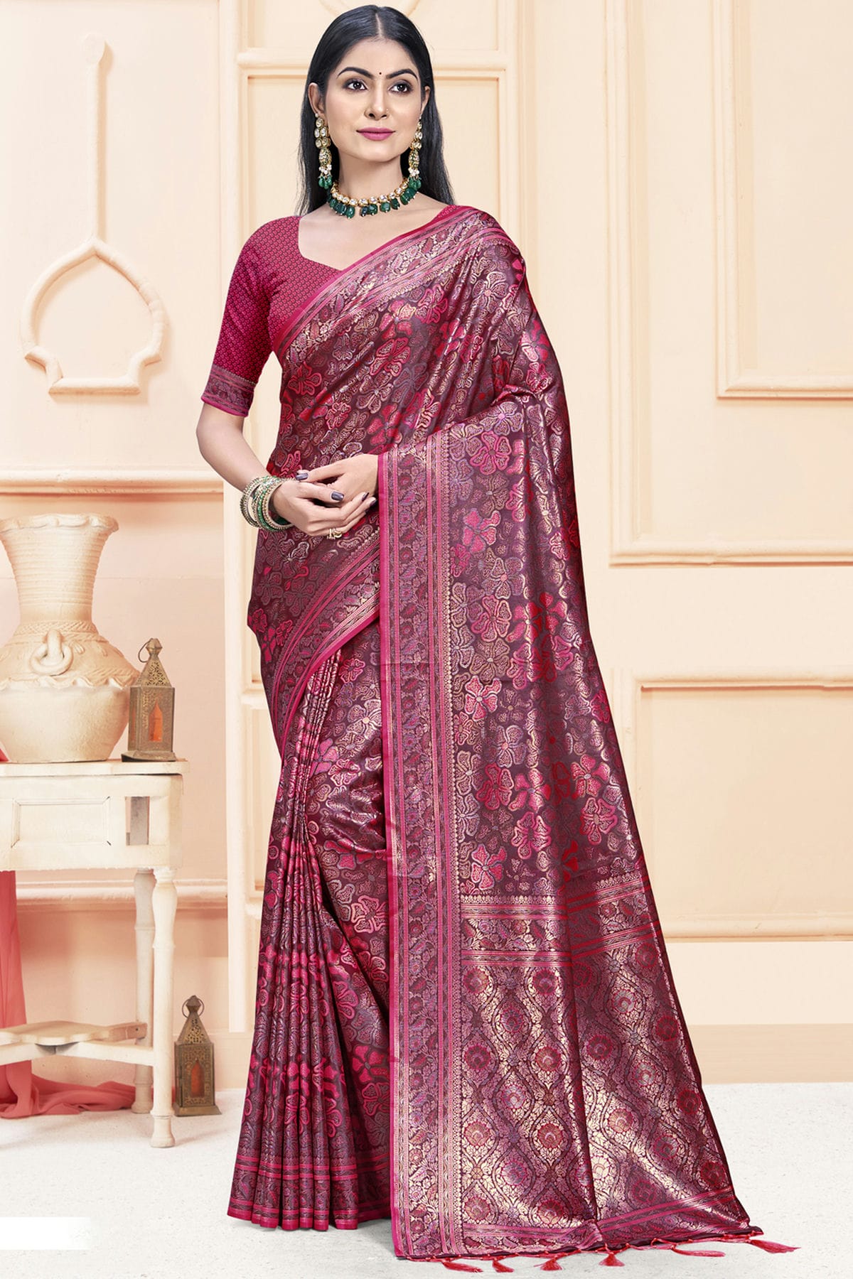 Magenta Colour Satin Silk Traditional Saree