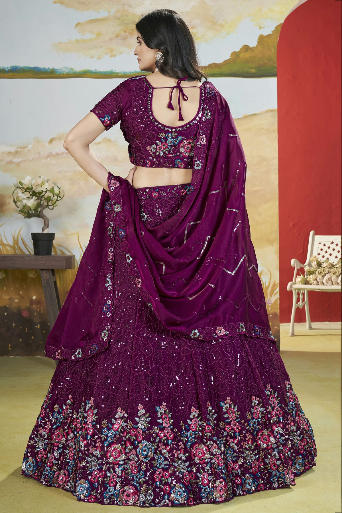 Magenta Colour Semi Stitched Chinon Lehenga Choli VSLC1112524