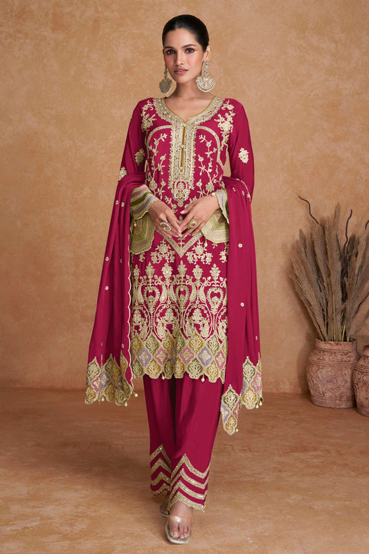 Magenta Colour Semi Stitched Chinon Pakistani Suit