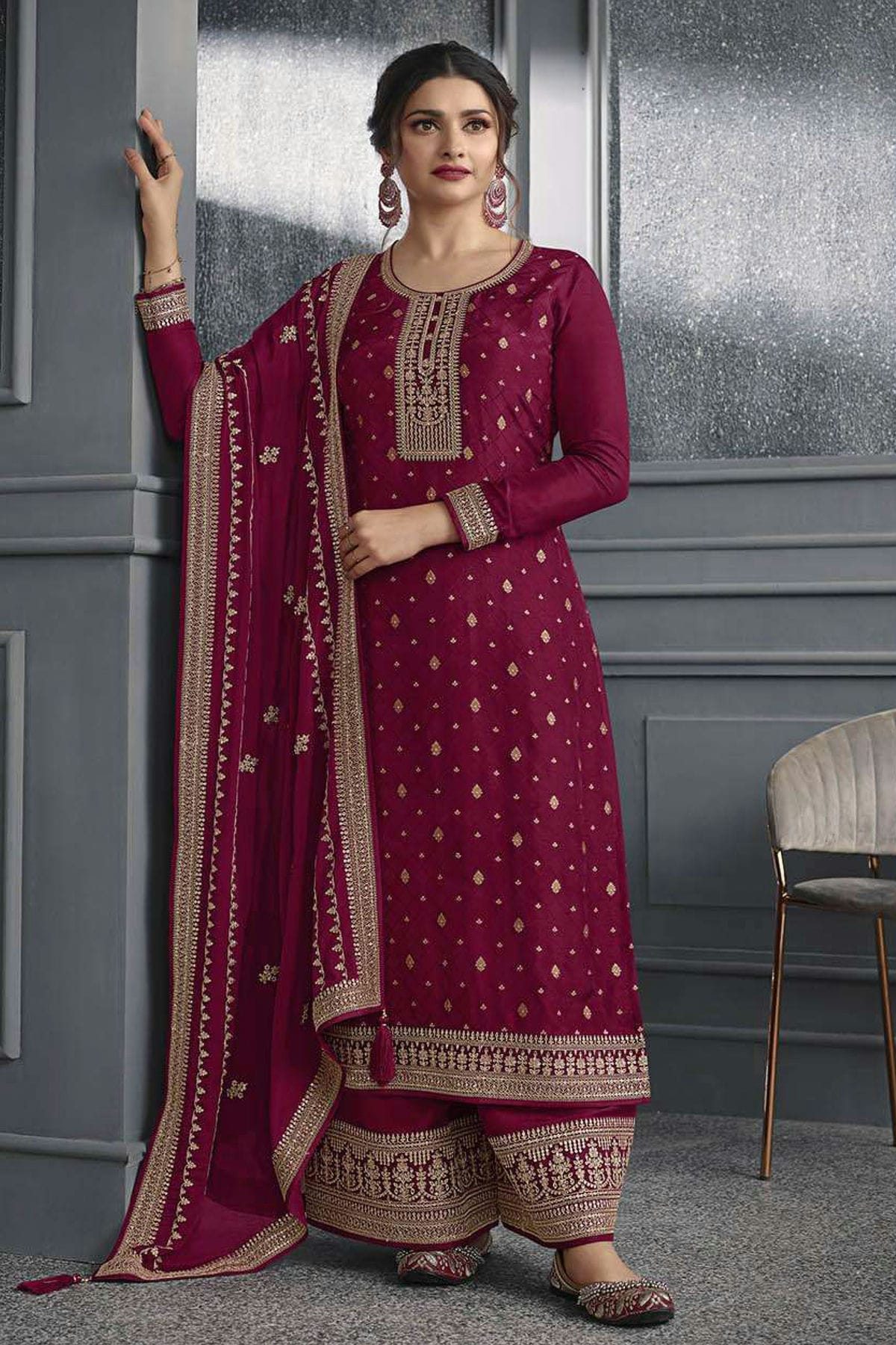 Magenta Colour Semi Stitched Dola Jacquard Silk Palazzo Pant Suit