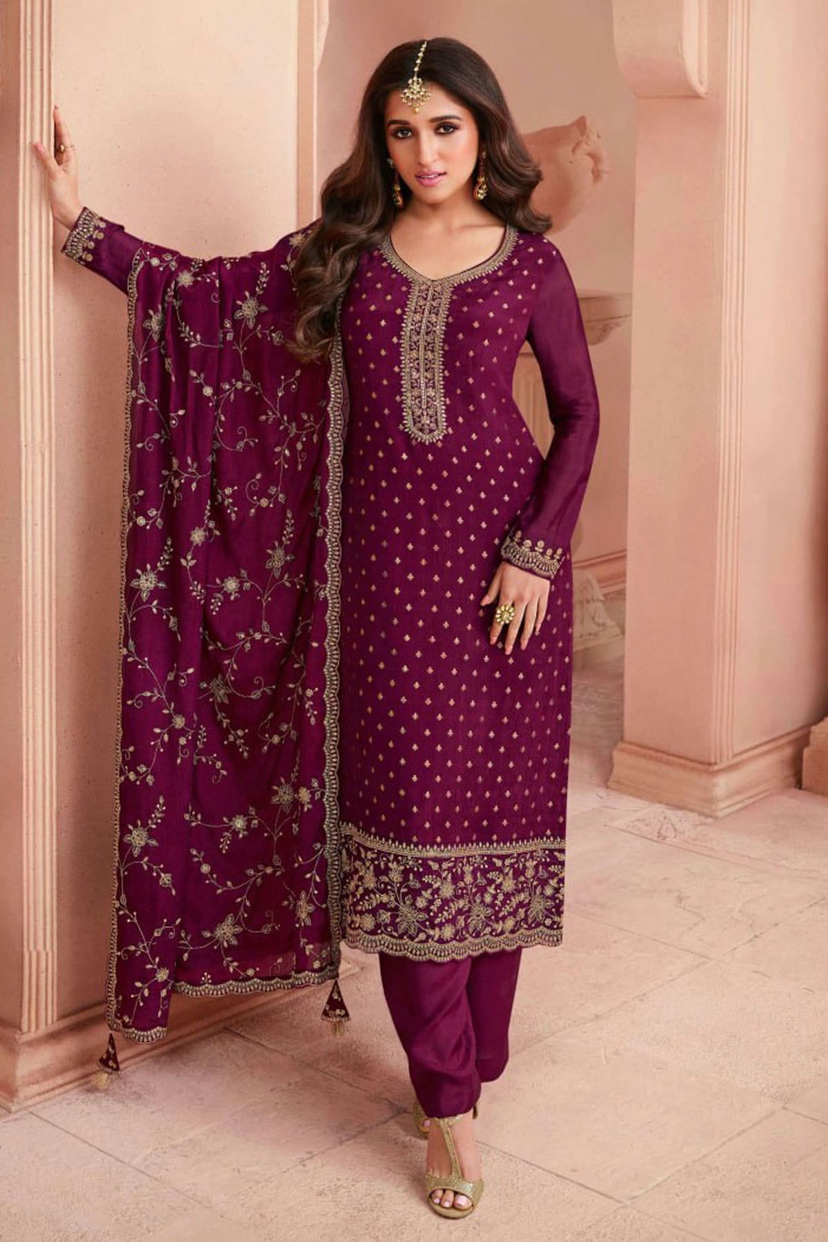 Magenta Colour Semi Stitched Dola Jacquard Silk Pant Style Suit