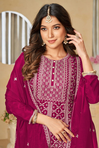 Magenta Colour Sharara Suit Chinon Semi Stitched