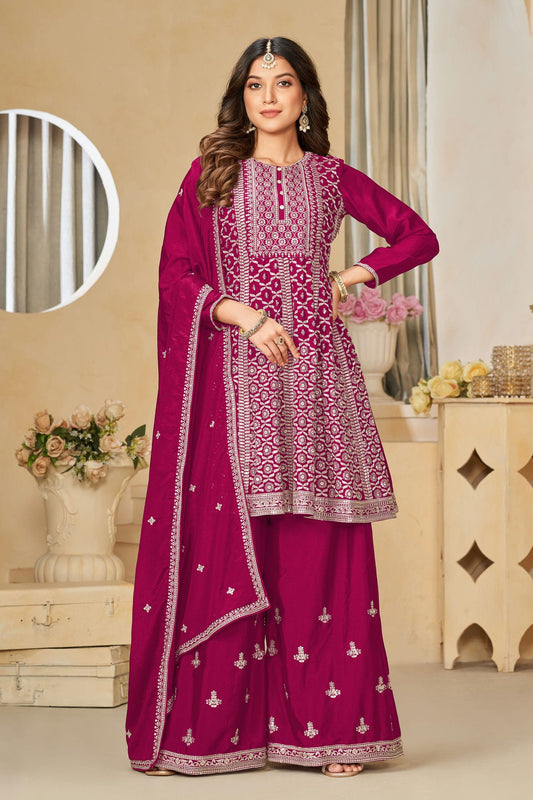 Magenta Colour Sharara Suit Chinon Semi Stitched