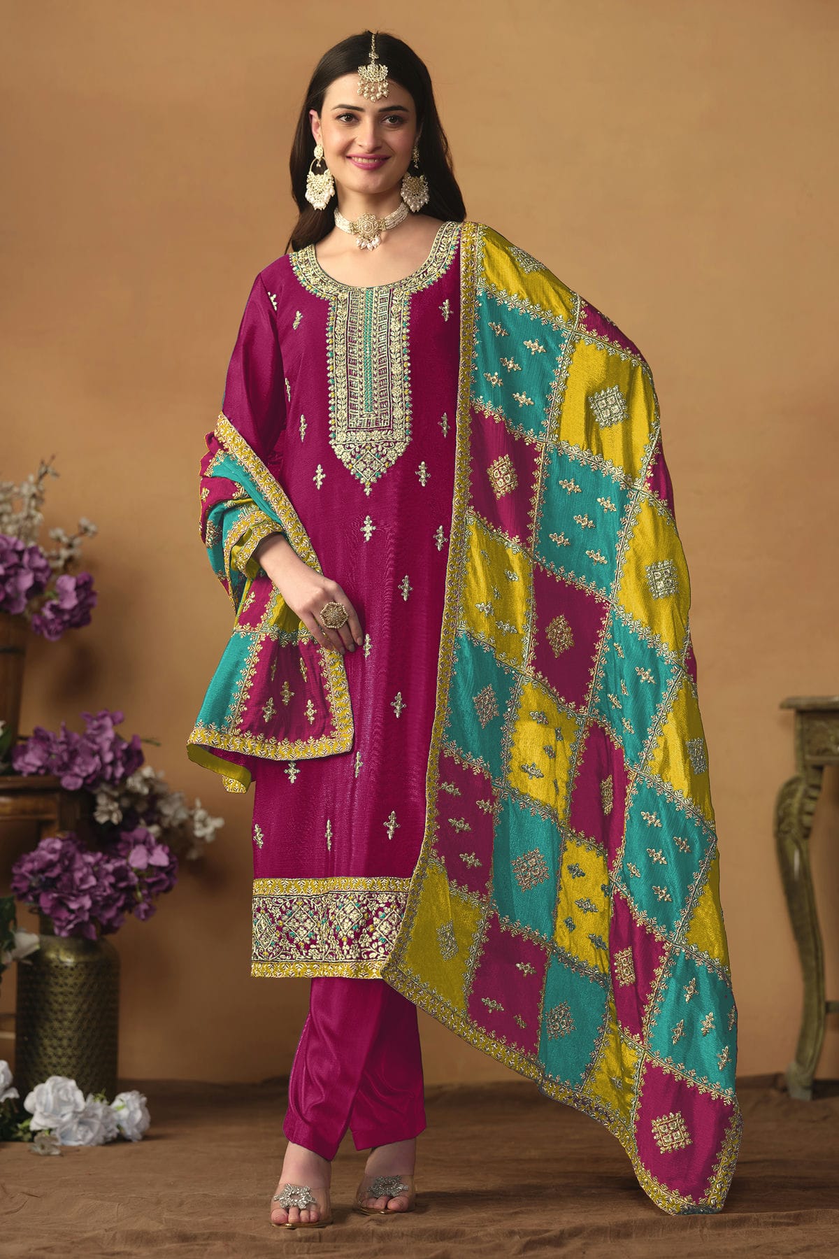 Magenta Colour Straight Suit Chinon Silk Semi Stitched