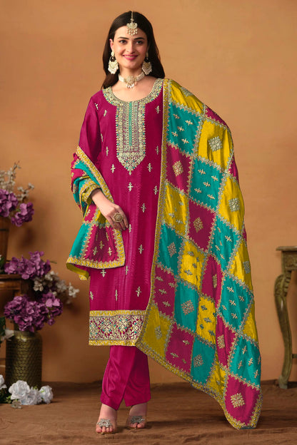 Magenta Colour Straight Suit Chinon Silk Semi Stitched