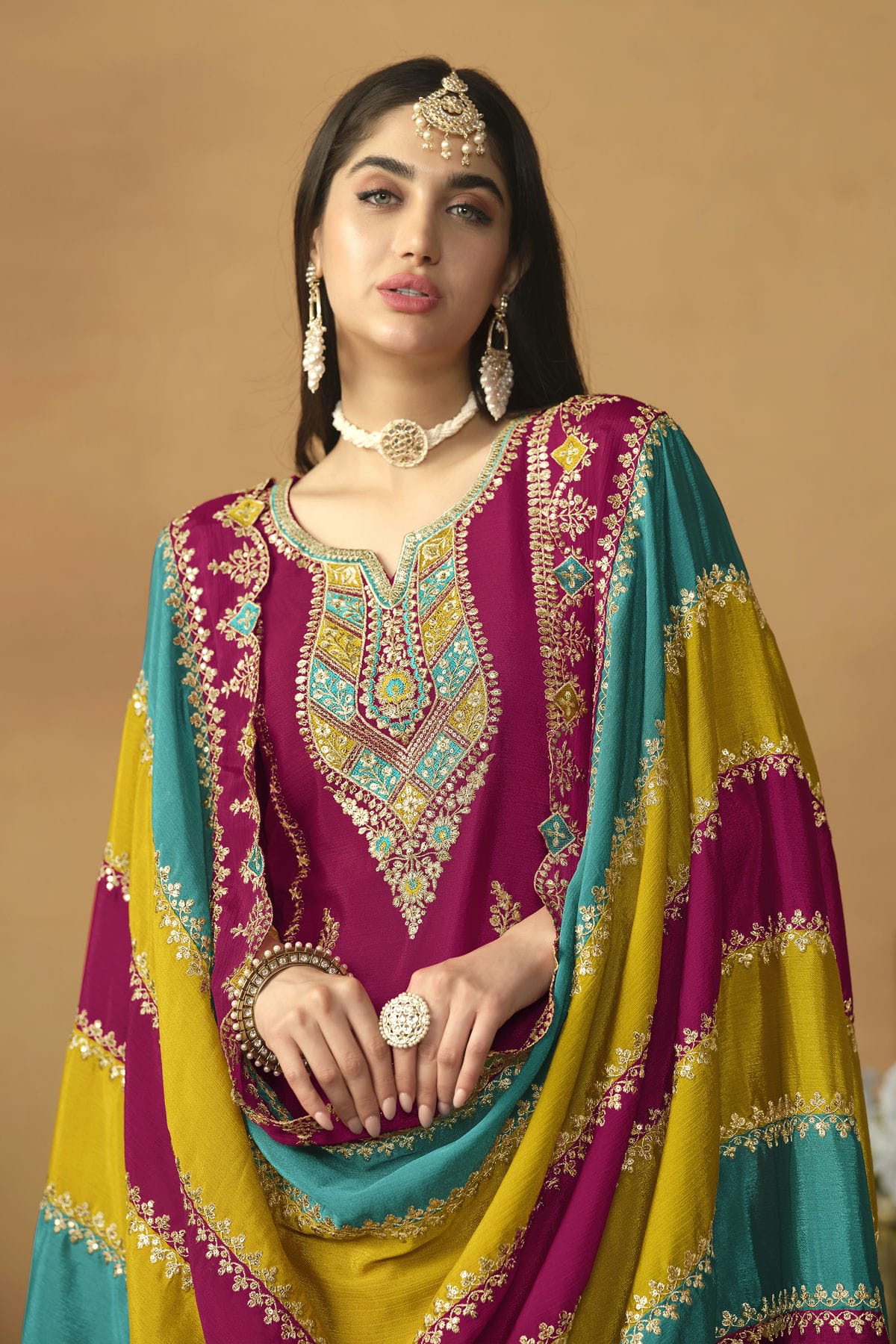 Magenta Colour Straight Suit Chinon Silk Semi Stitched