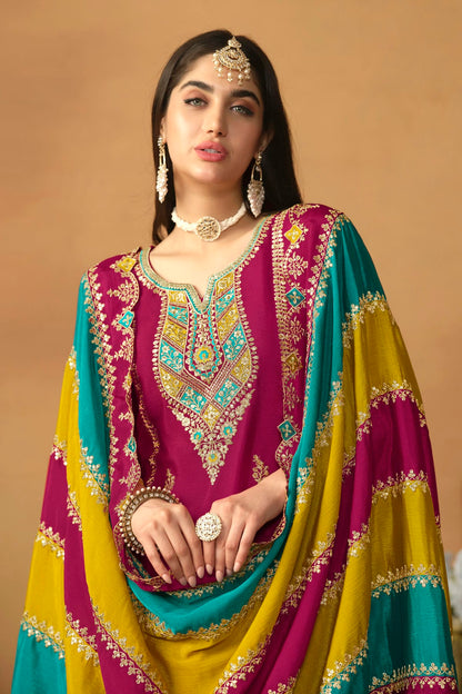 Magenta Colour Straight Suit Chinon Silk Semi Stitched