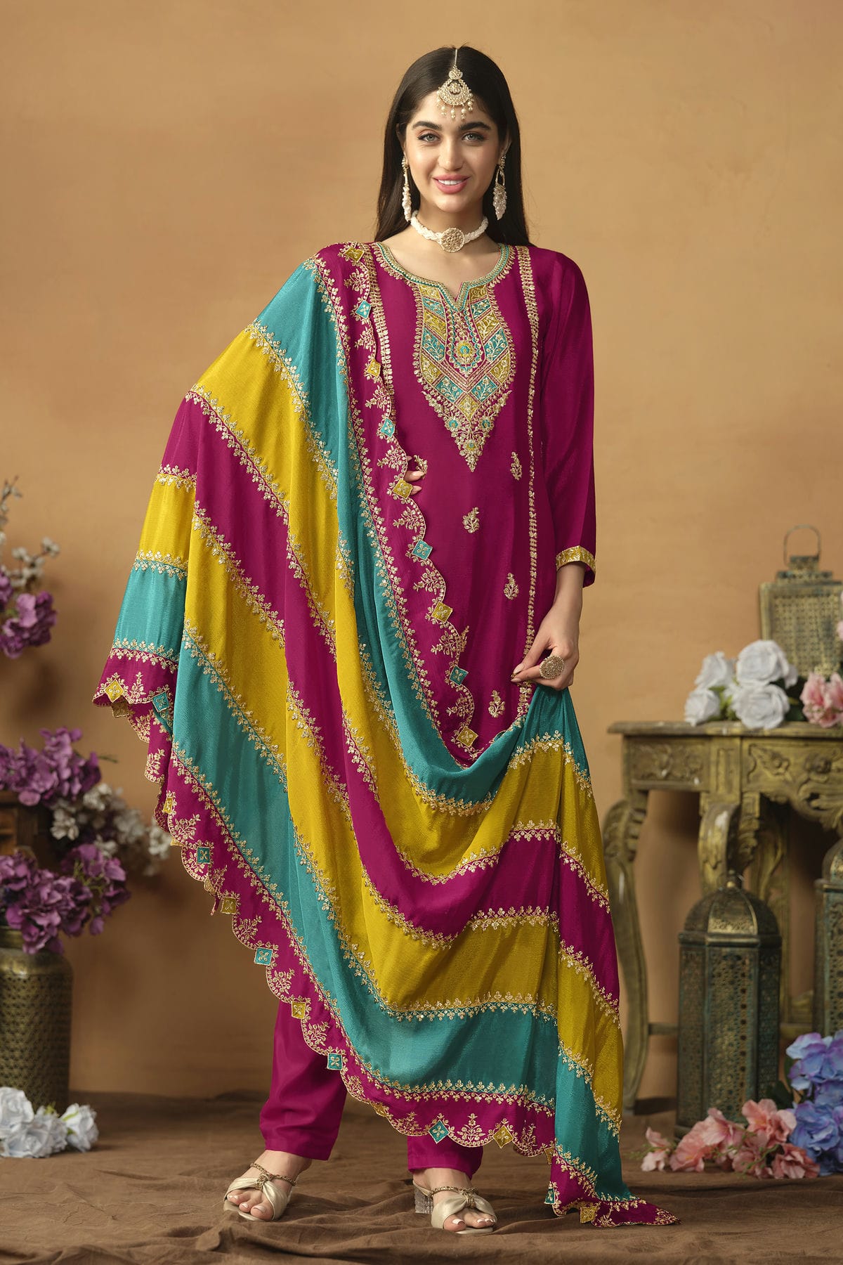 Magenta Colour Straight Suit Chinon Silk Semi Stitched