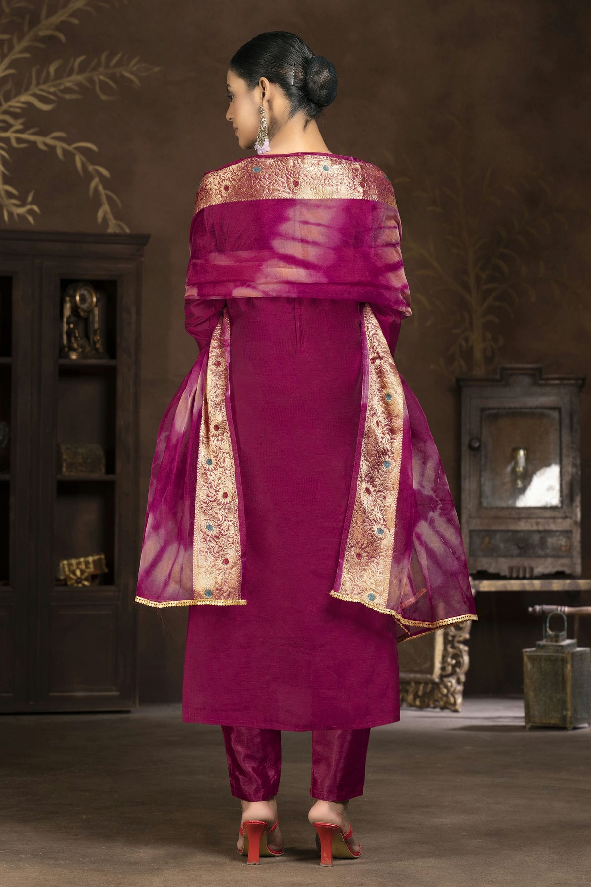 Magenta Colour Unstitched Cotton Jacquard Pant Style Suit