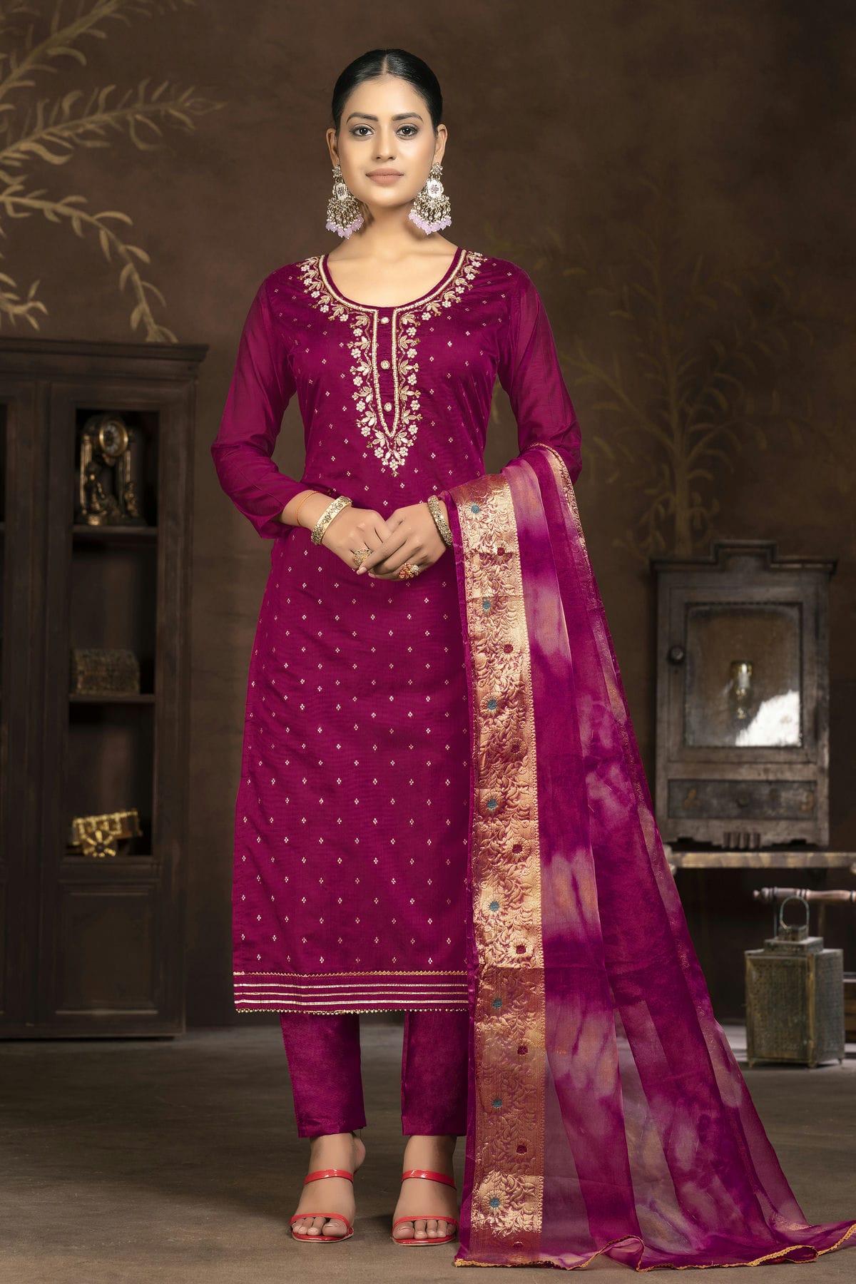 Magenta Colour Unstitched Cotton Jacquard Pant Style Suit