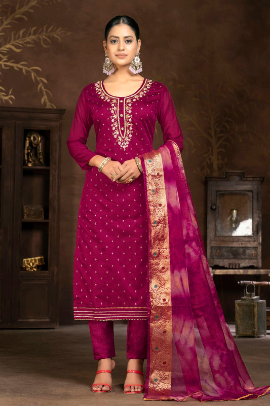 Magenta Colour Unstitched Cotton Jacquard Pant Style Suit