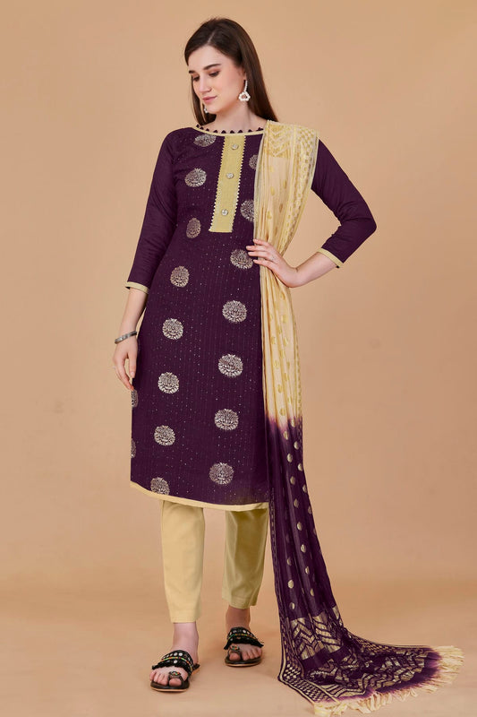 Magenta Colour Unstitched Cotton Jacquard Straight Suit