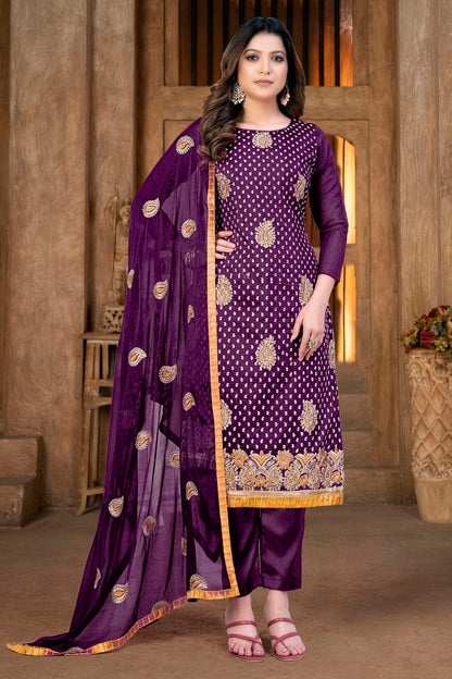 Magenta Colour Unstitched Modal Chanderi Pant Style Suit