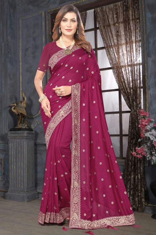 Magenta Colour Vichitra Bloming Designer Saree