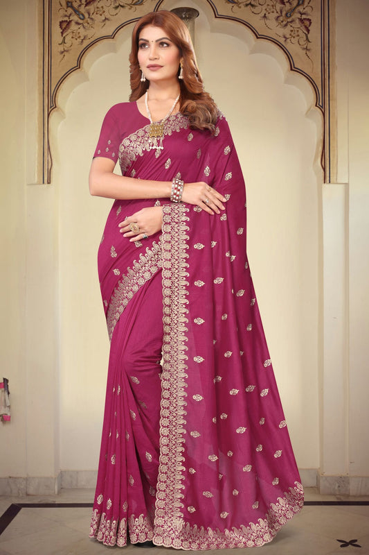 Magenta Colour Vichitra Bloming Designer Saree