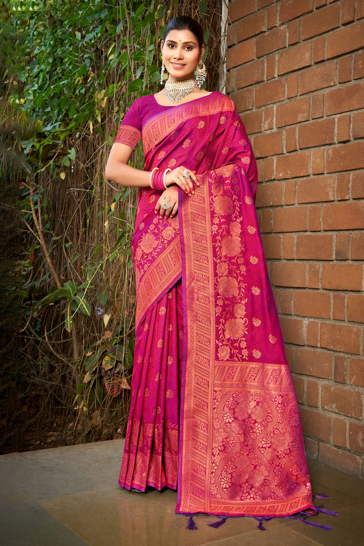 Magenta Colour Woven Work Silk Saree