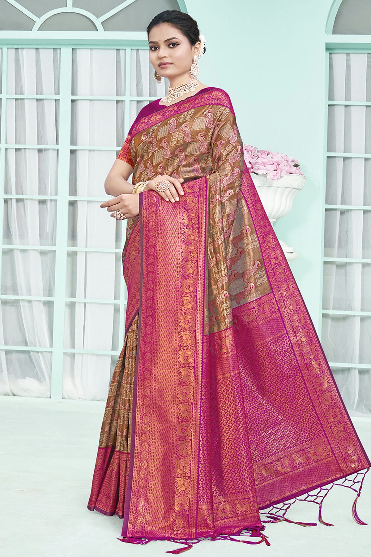 Magenta Colour Woven Work Silk Saree