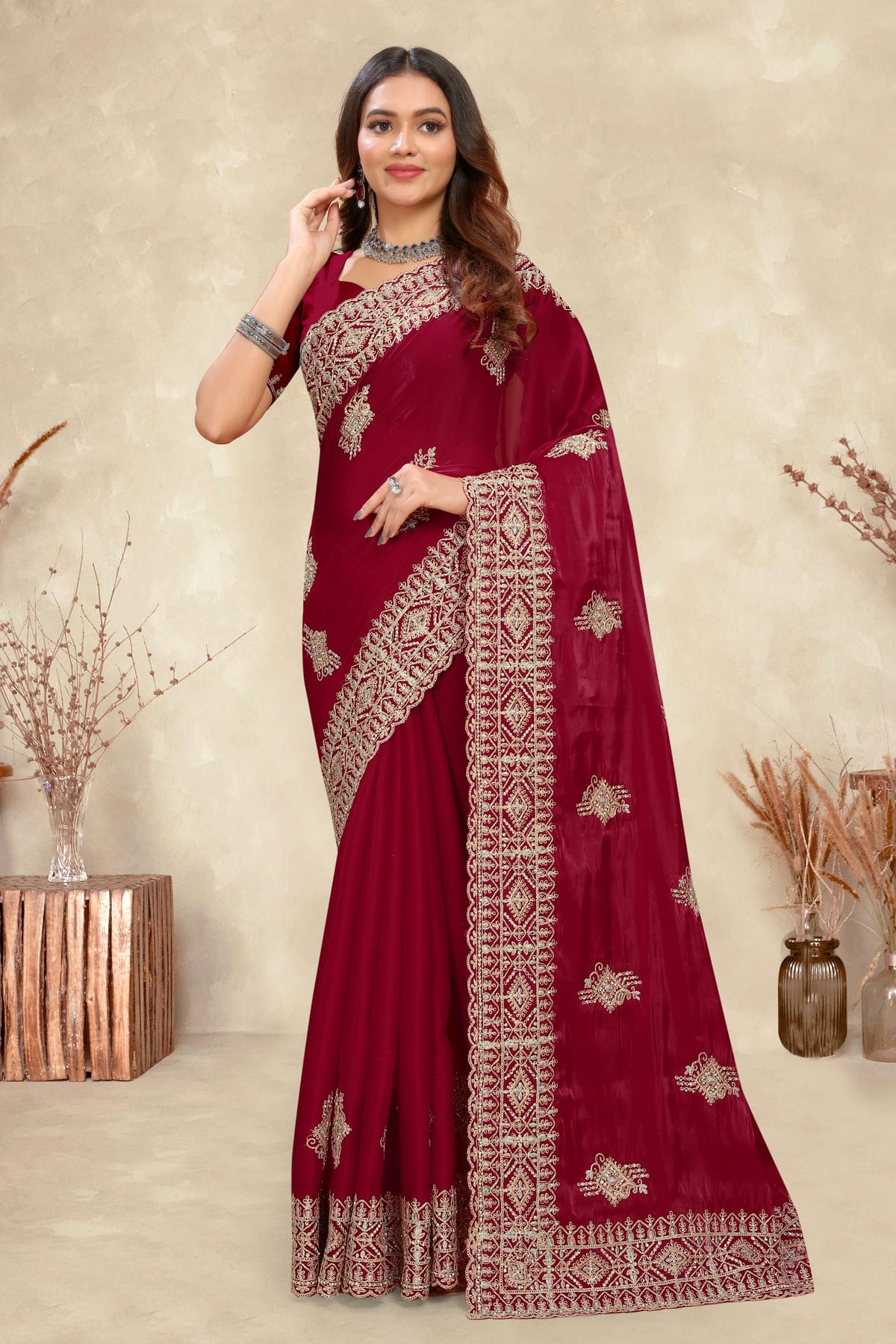 Magenta Colour Crepe Silk Saree