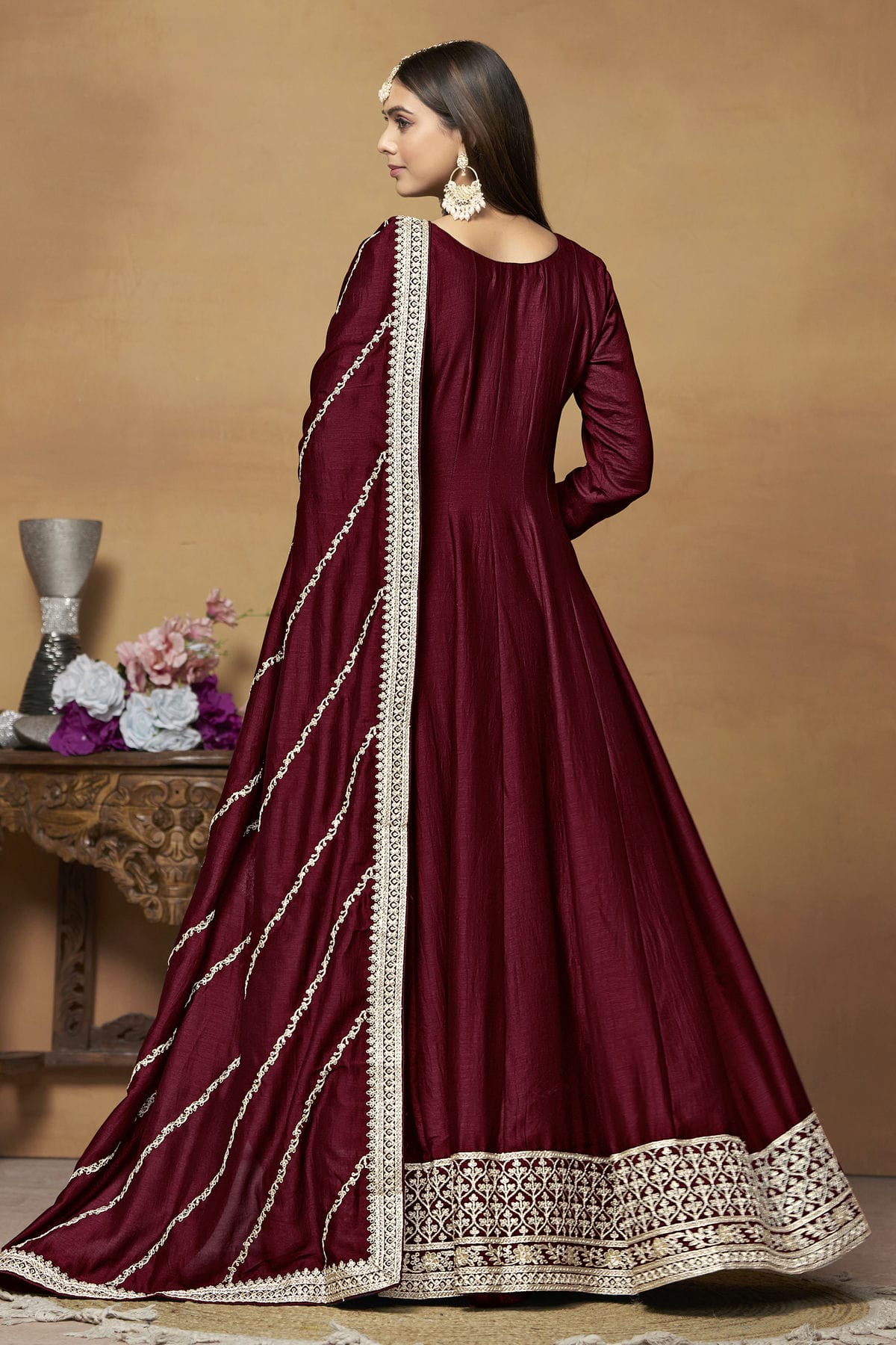 Maroon Colour Anarkali Suit Art Silk Semi Stitched