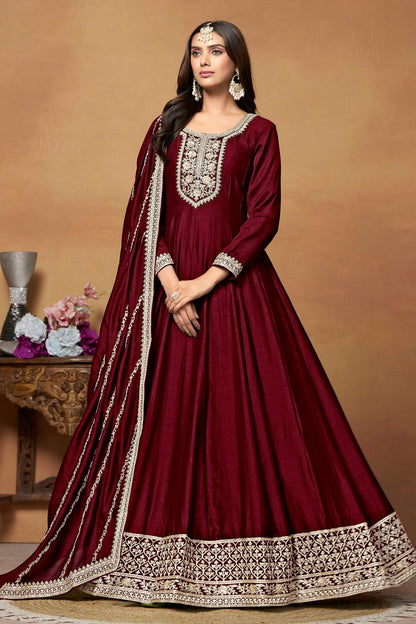 Maroon Colour Anarkali Suit Art Silk Semi Stitched