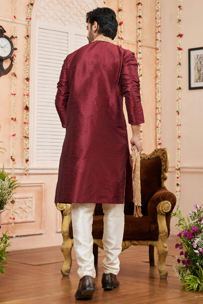 Maroon Colour Art Silk Kurta Pajama With Stole VSKP1230246