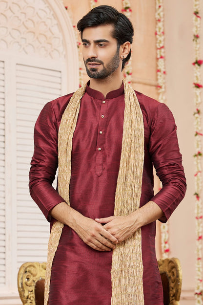 Maroon Colour Art Silk Kurta Pajama With Stole VSKP1230246